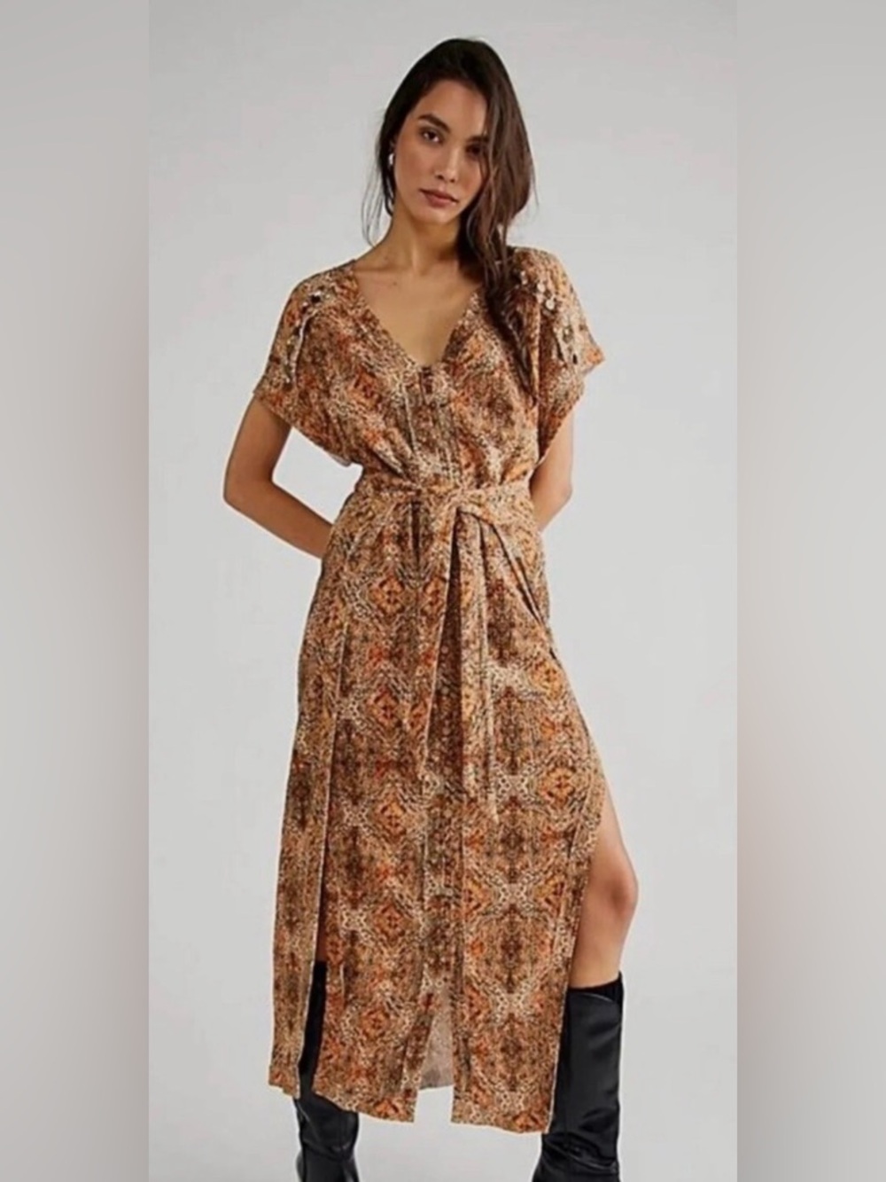 Free People Farrah Bohemian Printed Dress Peach Shoulder disk detail Medium